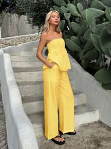 SHEIN EZwear 2件套女士芥末黄编织荷叶边下摆抹胸上衣和阔腿裤休闲套装 - 黃色 - 查看 6