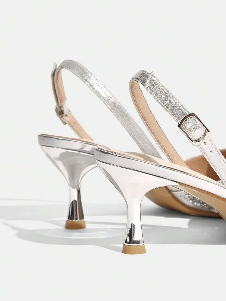 CUCCOO TILAWA Silver Glitter Pointed Toe High Heels Shoes, Rhinestone Embellished Sexy Party & Wedding Shoes, Women Thin High Heel Pumps For Christmas