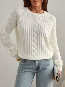 SHEIN White Cable Knit Sweater – Crew Neck Loose Fit Textured Knitwear Pullover #CableKnit #OversizedStyle #WinterFashion,Jumper,Cream Jumper,Jumpers For Women,Jumpers,Black Jumper,Womens Jumper,Women's Jumper,Women's Jumpers
