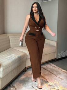 SHEIN Unity 2 Stücke/Set Damen Große Größen eleganter schwarzer & weißer Kontrast Hosenanzug aus Weste und Hose, Knopf-Dekor zusammenpassendes Outfit - Verschiedenfarbig - Übersicht 5