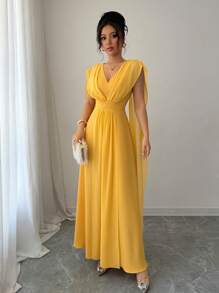 Elenzga Vestido elegante de cuello en V sólido con cintura ceñida, para verano