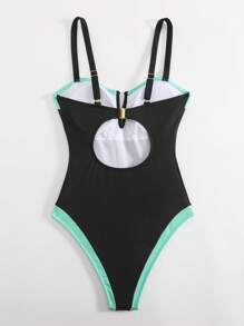 Swim Lushoire 1 pezzo Costume da bagno intero da donna con scollo a V, con reggiseno con ferretto, a blocchi di colore con costine