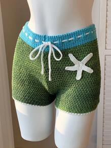 SHEIN EZwear Shorts a maglia, in stile vacanza al mare, con design traforato e vita bassa a contrasto di colore
