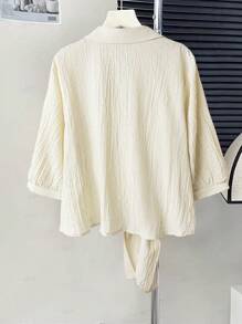 Calvaya Women Plus Size 3/4 Sleeve Tie-Knot Rhinestone Decoration Blouse - Apricot - View 2