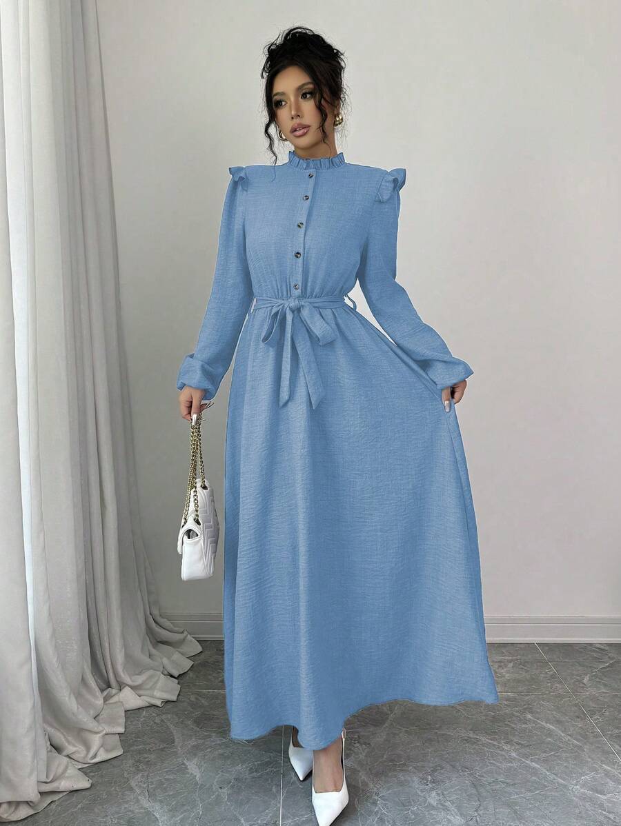 Elenzga Women's Solid Color Ruffle Edge Front Button Long Sleeve Casual Long Cinched Waist Dress Maxi Women Outfit Fall Cloth For Women - Blue - View 1