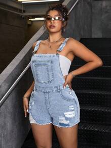 SHEIN ICON Casual Fashion Versatile Washed Distressed Denim Bib Overall Pants