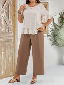 EMERY ROSE Plus Size Women 2 Pieces Set: Loose Solid Color Round Neck Raglan Sleeve Top And Pants - Multicolor - View 5