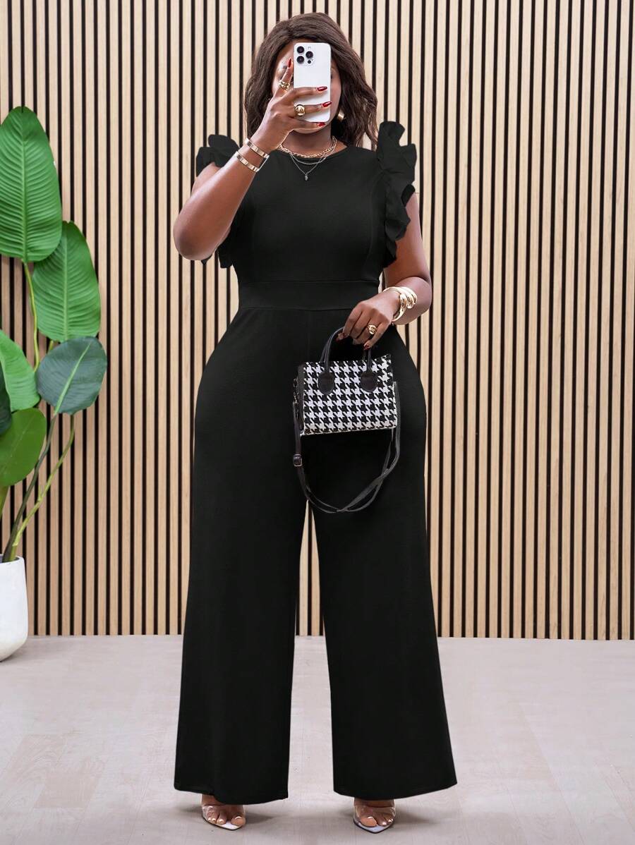 Slaydiva 优雅、派对、活动和约会穿着大码女式连体裤，白色无袖荷叶边下摆纹理面料阔腿设计，春夏