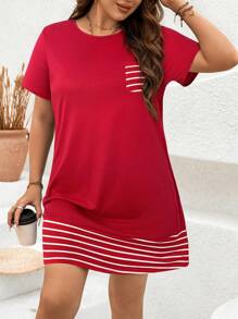 SHEIN LUNE 大码女式夏季圆领短袖灰色条纹拼布连衣裙 - 紅色 - 查看 5