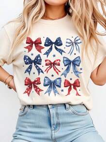 SHEIN LUNE Women's T-Shirt, Comfortable Colorful Bow Shirt, Suitable For Independence Day - Apricot - View 1