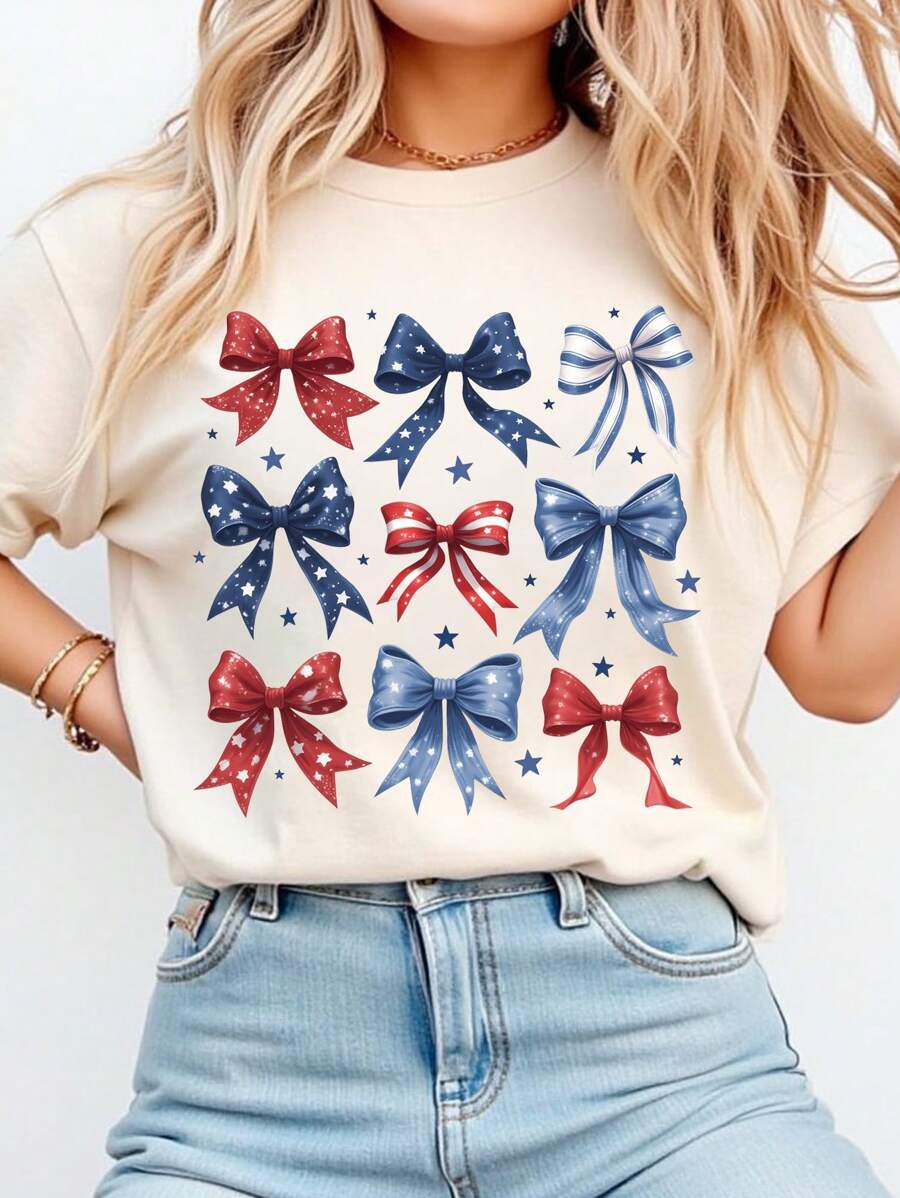 SHEIN LUNE Women's T-Shirt, Comfortable Colorful Bow Shirt, Suitable For Independence Day - Apricot - View 1