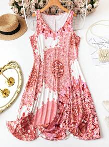 SHEIN LUNE Plus Size Women Floral Print V-Neck Sleeveless Casual Dress - Orange - View 1