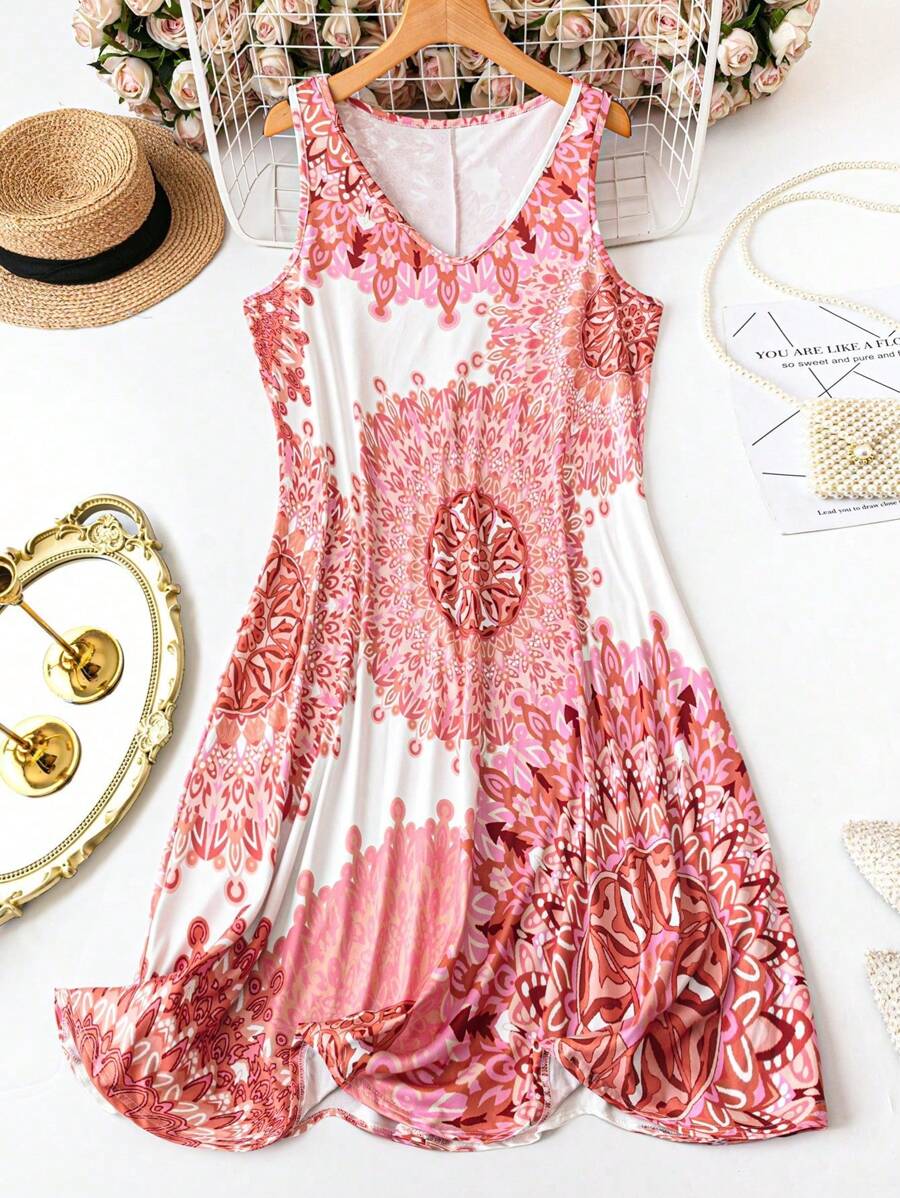 SHEIN LUNE Plus Size Women Floral Print V-Neck Sleeveless Casual Dress - Orange - View 1