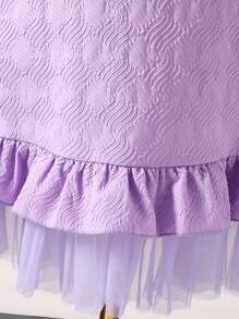 SHEIN Girls Casual Elegant Glamorous Cute Puff Sleeve Short Sleeve Bow Splice Mesh Princess Dress With Diagonal Sling Small Bag - Purple - View 3