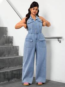 SHEIN ICON Plus Size Sleeveless Light Wash Denim Halter Casual Overalls With Pockets And Shirt Collar - Blue - View 4