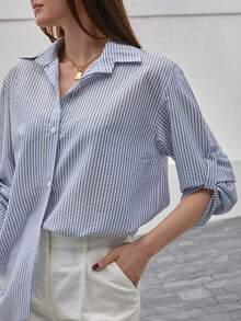 EURMUSE 條紋印花捲邊袖襯衫不附腰帶 - 藍白色 - 查看 4