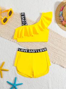 Girls Ruffled One Shoulder Bikini Set, Girls Summer Beach Swimsuit - Multicolor - View 1
