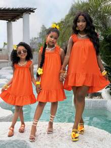 SHEIN Tween Girls' Spring/Summer New Music Festival, Easter, Boho, Western, Wedding, Birthday, Graduation, Student, Casual, Vacation, Cruise, Beach, Sundress, Textured Fabric, Ruffle Hem, A-Line, Loose Fit, Orange Mini Dress - Orange - View 6
