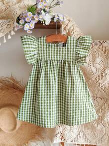 SHEIN Vintaside Kids 女婴绿色格子盖袖休闲夏装，田园风格，清新图案，轻盈设计，适合户外、休闲和休闲派对 - 綠色 - 查看 4