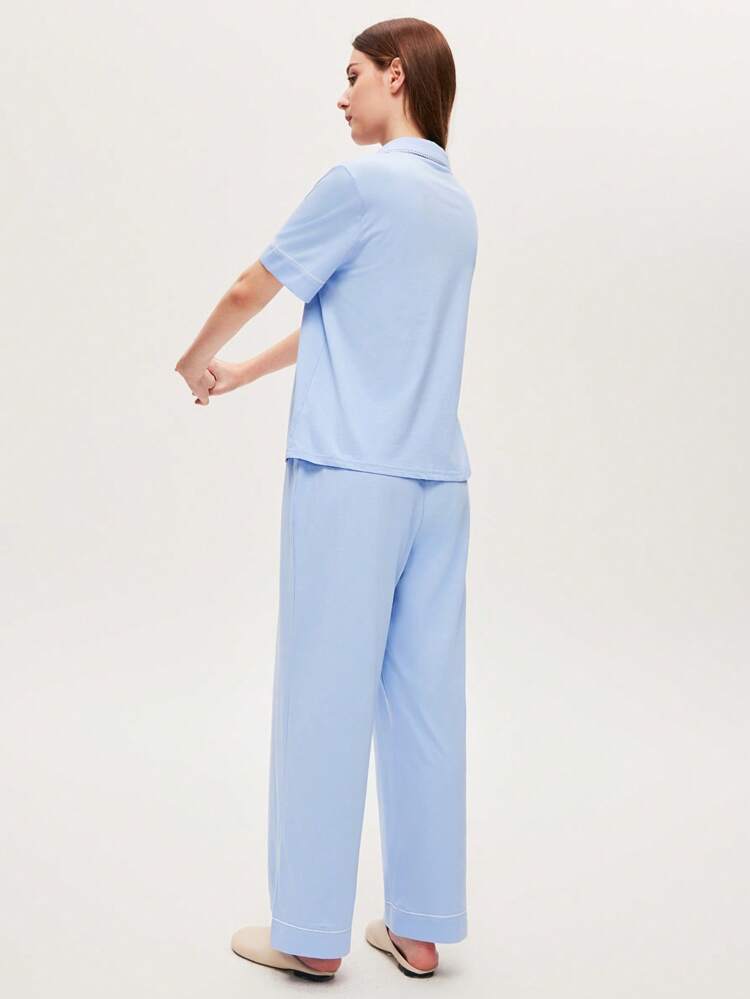 Soft Cotton Contrast Trim Short-Sleeve Basic Button-Up Top & Pants Loungewear Pajama Set