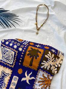 SHEIN Teen Girls' Tropical Island Elements Coconut Tree Waist Drawstring Hollow Out Snug Fit Halter Dress, Holiday, Casual/Vacation