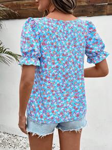 Breezaya 女式休闲碎花印花方领泡泡袖衬衫，夏季