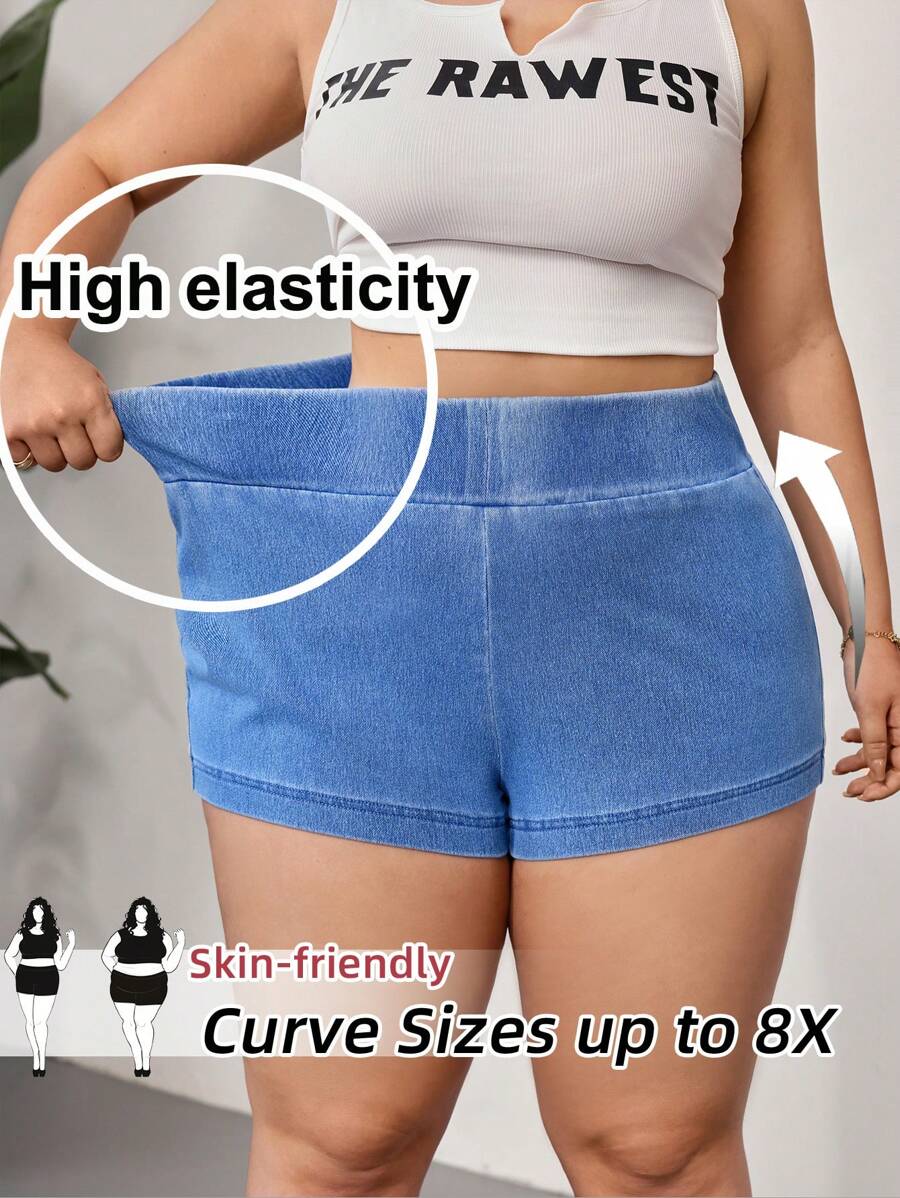 SHEIN CURVE+ Blue Denim Plus Size Shorts High Elastic Denim Comfortable Leggings Summer Outfits For Women Shorts, Curve Plus, Boho Vacation - Light Wash - View 1