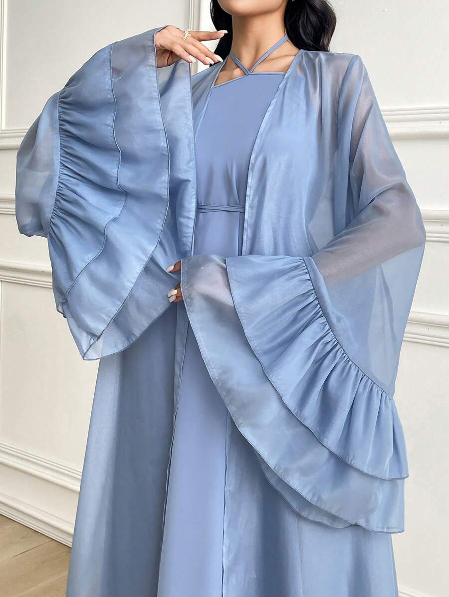 Al Najma 女士优雅纯色喇叭袖阿拉伯长袍套装 - 藍色 - 查看 1