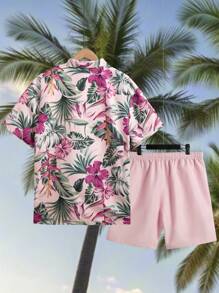 Manfinity Swimmode Plus Size Men's Summer Holiday Tropical Print Short Sleeve Shirt And Shorts Beach Set, Hawaiian - Pink - View 2
