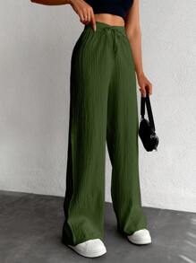 EURMUSE Petite Women's Solid Color Long Waist Drawstring Pants - Green - View 3