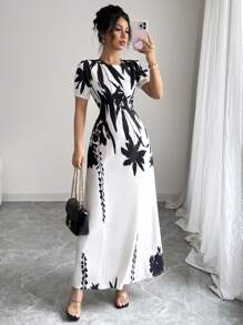 Elenzga 优雅印花圆领泡泡袖束腰连衣裙 - 白色 - 查看 3