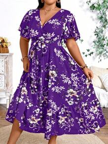 EMERY ROSE Plus Size Holiday Floral Print Dress Maxi Women Outfit - Violet Purple - View 3