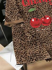 Muchica Casual Simple Leopard Print Cherry Graphic Round Neck Short Sleeve Loose Women T-Shirt - Multicolor - View 4