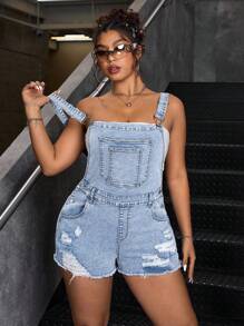 SHEIN ICON Casual Fashion Versatile Washed Distressed Denim Bib Overall Pants