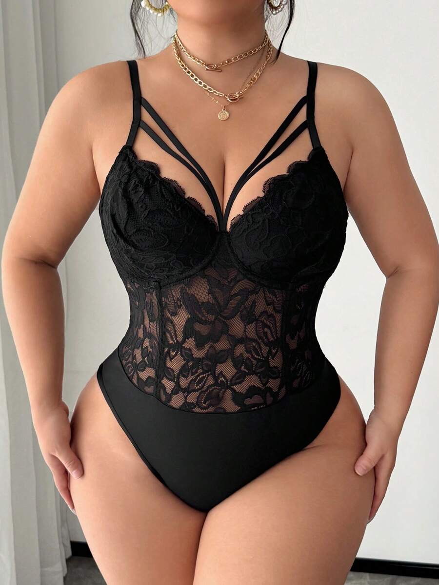 SHEIN SXY 大码女式性感优雅蕾丝拼布胸带装饰紧身衣,适合日常穿着、工作、简单通勤、优雅、休闲、购物、街头服饰、外出、易于搭配、修身外观、凸显身材、修身身材、春夏 - 黑色 - 查看 1