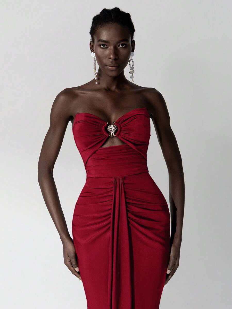 Elitara Váy suông đuôi cá xếp ly sang trọng và thanh lịch với nút trang trí phía trước, vải dệt kim co giãn, thích hợp cho đám cưới, tiệc tùng, kỳ nghỉ, dạ hội, sự kiện trang trọng (được tô điểm nhiều), váy dự tiệc, váy dài, cho buổi tối, khách dự tiệc cưới - Đỏ - Xem 1