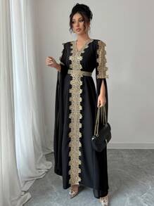 Rafferiza Kiểu dáng Áo choàng Abaya chắp vá dài tay, Áo choàng dài viền ren màu trơn cho nữ - màu đen - Xem 5