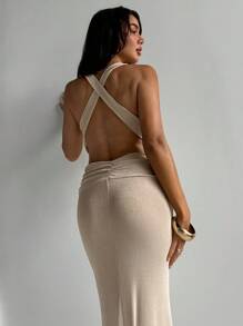 Aloruh Women's Spring And Summer Vacation Daily Sexy Solid Color Dress Deep V Pleated Breast Cup Waist Hollowed Out Buttocks Fishtail Blue Dress Cross Backless Tight Maxi Dress Dresses For Wedding Event