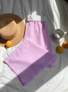 Comfortcana Red Woven Striped Women Long Pants, Fashionable For Summer