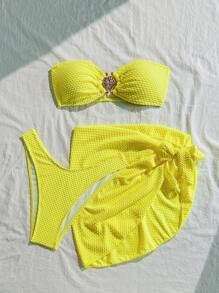 Soleia Damen Einfarben Urlaubs-Stil neonfarben strukturierter Bandeau-Top, Rock & Bikini, Mehrteiler-Set - Grün - Übersicht 4