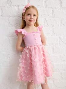 SHEIN Young Girl Fusion Casual Minimalist Comfortable Square Neck Ruffle Cap Sleeve Back Butterfly Decor Dress