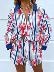 EMERY ROSE Plus Size Women 2pcs Set: Loose Fit Contrast Color Striped Lobster Pattern Long Sleeve Shirt And Shorts, Suitable For Vacation, Beach, Commuting And Other Occasions, Spring/Summer - Multicolor - View 1