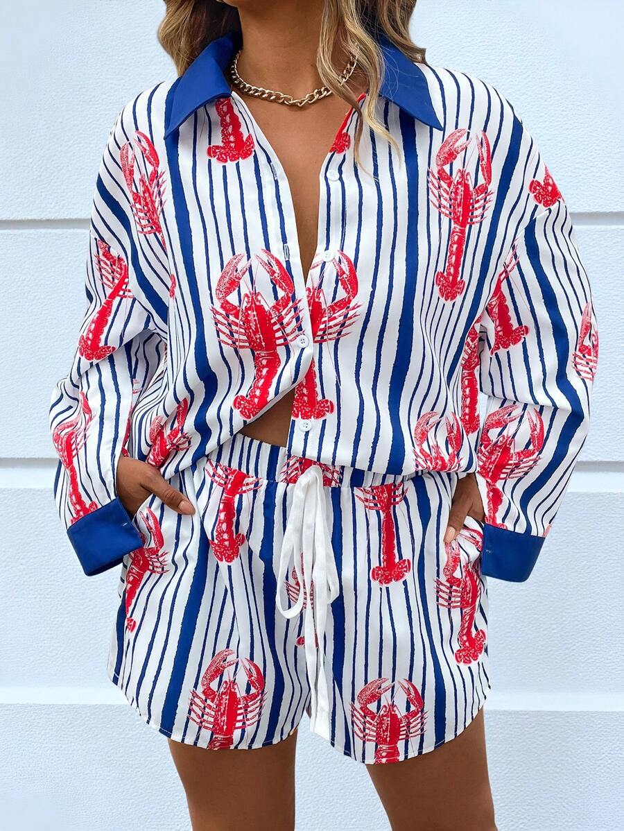 EMERY ROSE Plus Size Women 2pcs Set: Loose Fit Contrast Color Striped Lobster Pattern Long Sleeve Shirt And Shorts, Suitable For Vacation, Beach, Commuting And Other Occasions, Spring/Summer - Multicolor - View 1