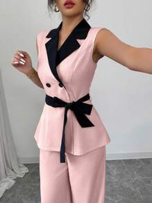 Elenzga Elegant Commuter Chic Sleeveless Contrast Collar Self-Tie Waist Double-Breasted Ladies Straight Pants Suit - Pink - View 4
