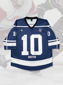 ROMWE MEN Prep Men's Jersey Street Style Short Sleeve T-Shirt, American Sports Ice Hockey Jersey Design, Summer - Navy Blue - View 6