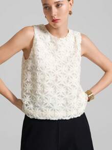 Ontre 女士四季白色立体花卉背心，简约无袖圆领背心，时尚极简背心 - 杏色 - 查看 1