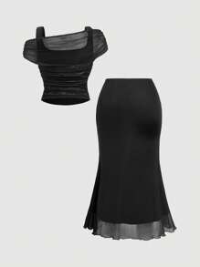 SHEIN MOD 大码露肩印花网眼衬衫搭配网眼鱼尾裙套装，度假装