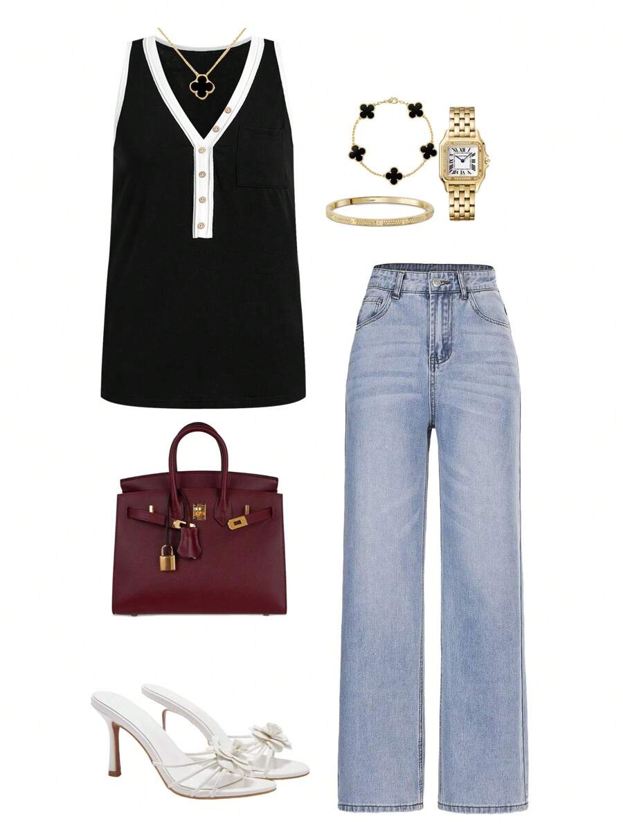 Ellevyn 女士 V 领无袖简约休闲背心，适合夏季 - 黑與白 - 查看 1