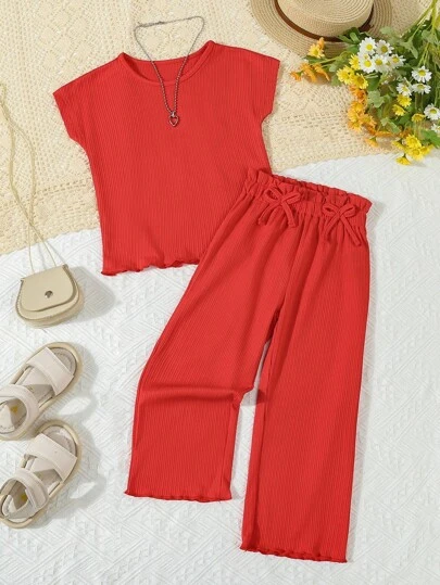 SHEIN 2st/set flicka solid rund halsad kortärmad t-shirt och byxor Casual outfit