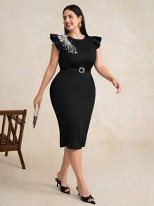 Chikora Curvy Plus Size Women's Romantic And Elegant Black Round Neck Cap Sleeve Waist Hip-Length Dress With Shiny Diamond Decoration On Shoulders,Business Casual Woman,Work Clothes Women,Old Money Style Women,Sparkly Dress Modest Dress,Going Out Dress,Office Outfits For Women - Black - View 3